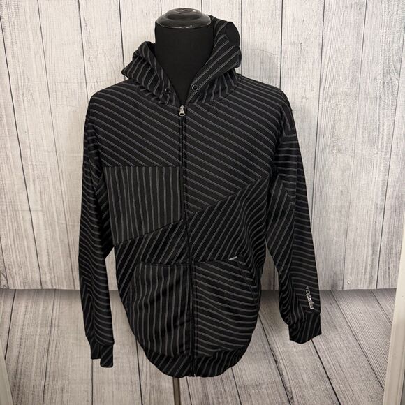 Volcom Men's XL Black Pinstriped Full Zip Sherpa Linen Hooded Jacket - Picture 1 of 7